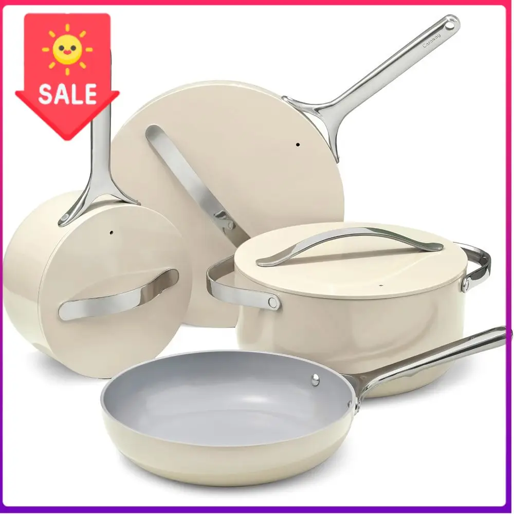 

Bestseller12-Piece Non-Stick Cookware Set: Pots, Pans, Lids, Storage - Oven Safe, Compatible with All Stovetops - Cream