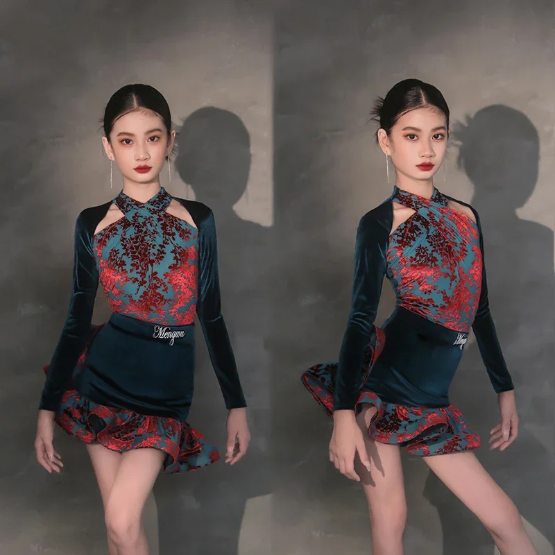 

Kids Professional Dancing Clothes Children'S Ballroom Dance Performance Dresses Girls Velvet Samba Latin Dance Costume