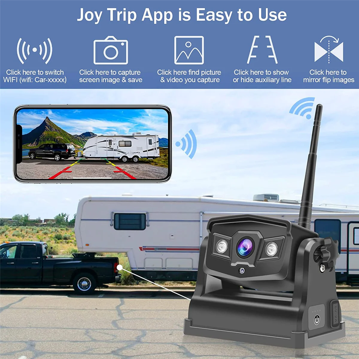 Wireless Backup Camera, WiFi Rear/Front View Camera Rechargeable Battery for Trailer/Truck/Fifth