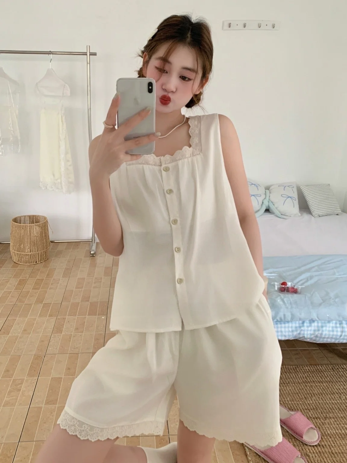 pure-cotton-lingerie-set-sweet-edged-square-collar-lightweight-summer-sleepwear-women's-comfortable-home-clothes-short-pants