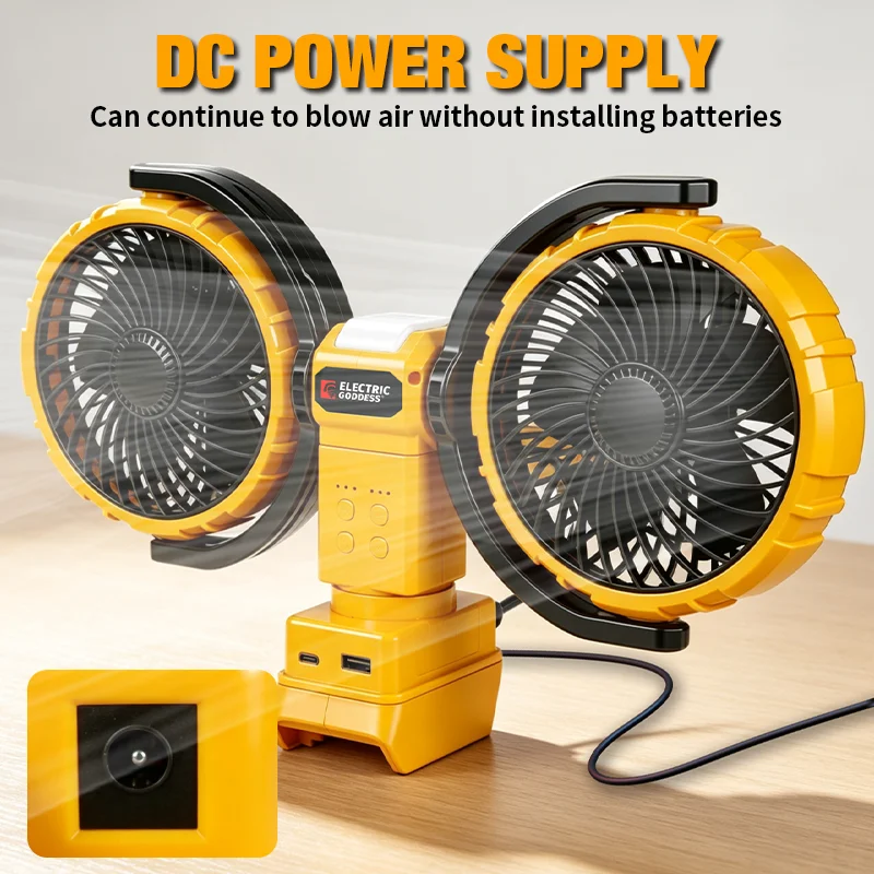 3000RPM Portable Dual Head Fan 360° Rotatable 3-Speeds Powerful Power Cooling Air Fan Low Noise Fan For Dewalt 20V Battery Pin view 3