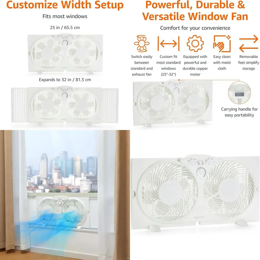 

9-дюймовый вентилятор для окна с двумя головками - 3 скорости, расширяемый, ручное управление, белый цвет