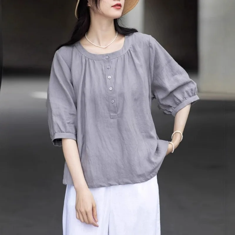 

2025 Summer New Semi-open-neck Round-neck Short-sleeved Cotton Linen Loose Mid-sleeved T-shirt in Solid Color Women's Clothing