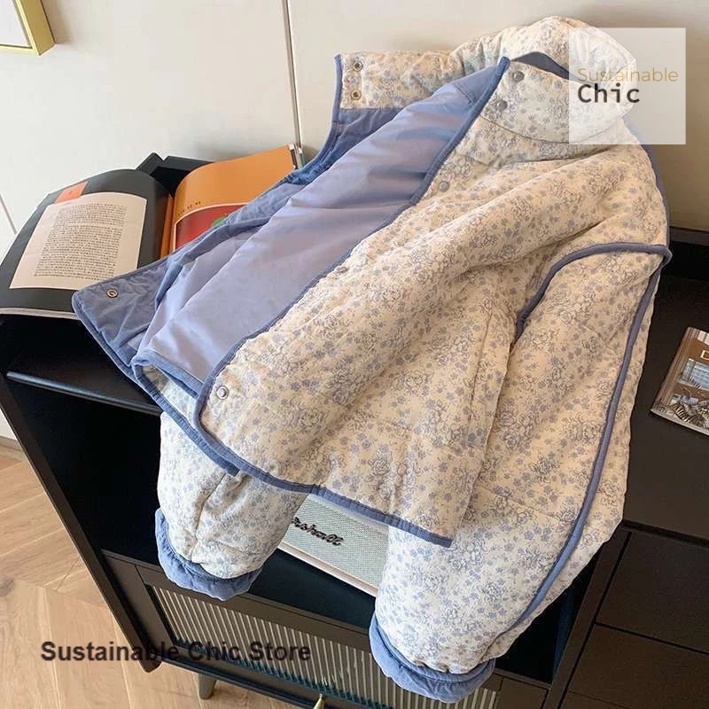 النمط الفرنسي الأزرق الصغيرة الأزهار سروال قصير خياطة القطن مبطن سترة معطف المرأة الخريف والشتاء معطف الرياح كسول دافئ جديد #2