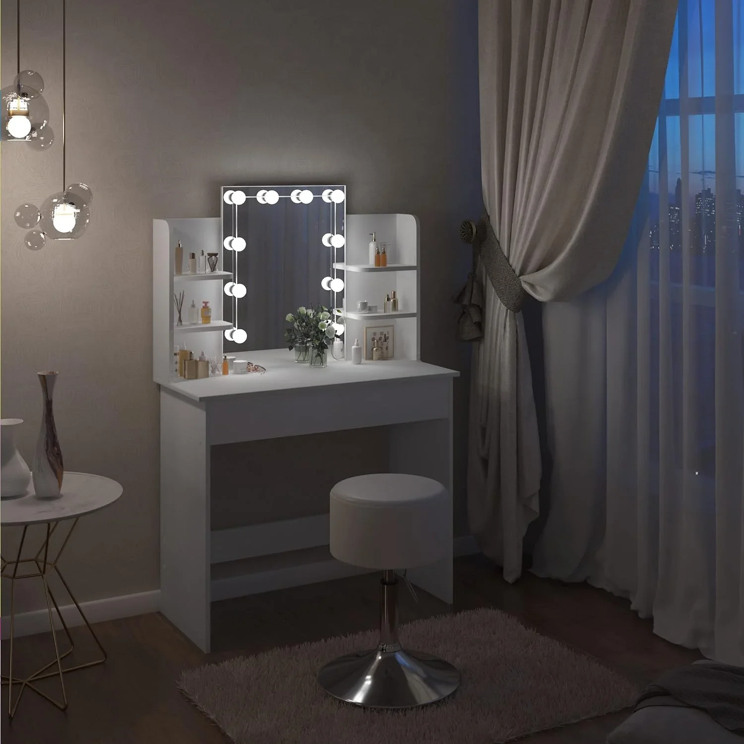 Hollywood Dressing Table with LED Lighting Dressing Table with Mirror Cosmetic Table with 2 Drawers and 4 Open Shelves