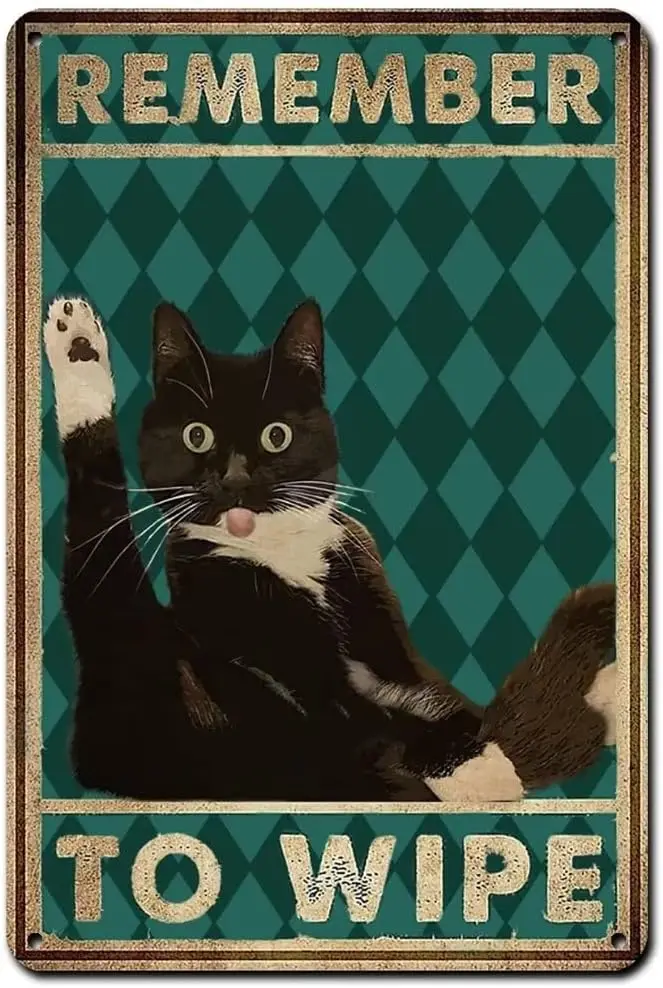 Black Cat Decor Metal Tin Sign-Remember to Wipe-Cat Funny Metal Poster Bathroom Wall Decor Sign for Toilet,Home Decor,Restroom,A