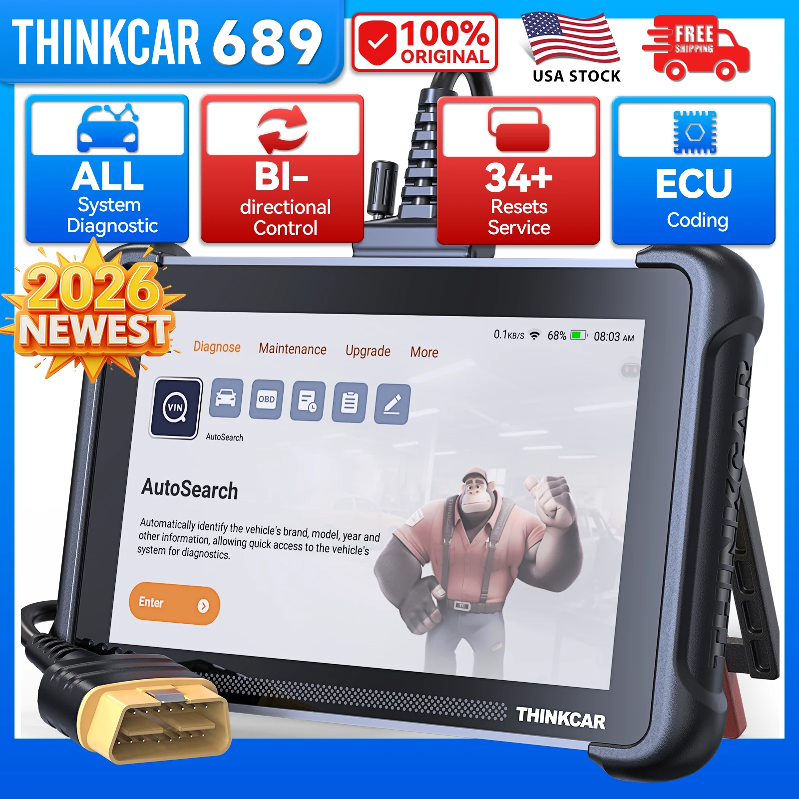 THINKCAR THINKSCAN 689 OBD2 Diagnostic Tool 34 Resets DOIP CAN FD DOIP Bi-directional Control ECU Coding Lifetime Free Update