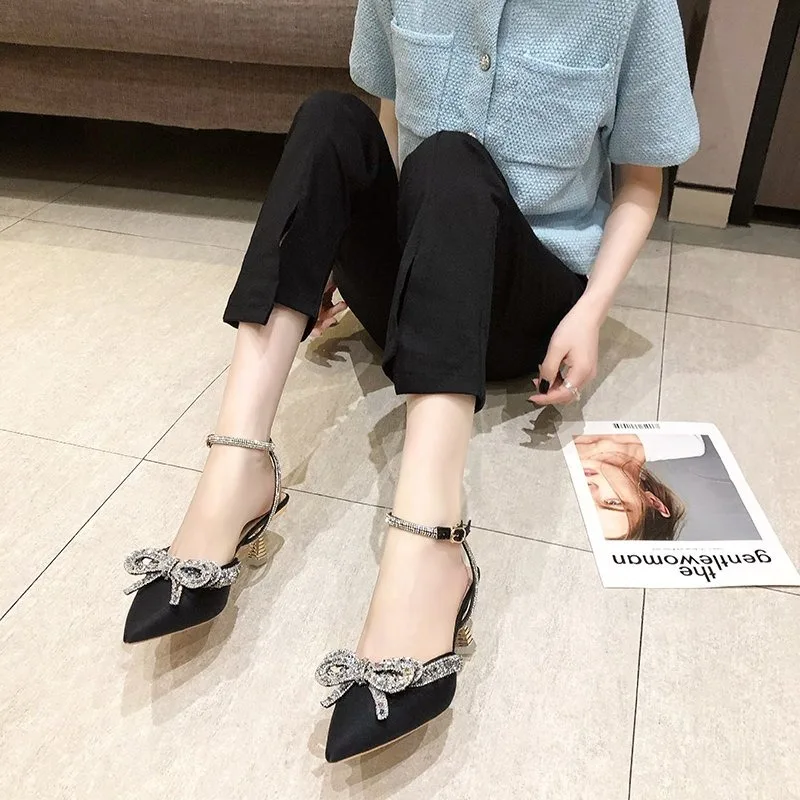 Clear Heels Beige Heeled Sandals Buckle Strap Comfort Shoes for Women Med 2023 Summer Black Girls Closed Medium Pointed Sandals