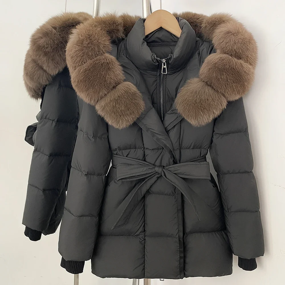 OFTBUY New Winter Real Fur Outerwear Women's Down Jacket with Real Fox Fur Belted Waist Mid-Length White Duck Down Puffer Coat