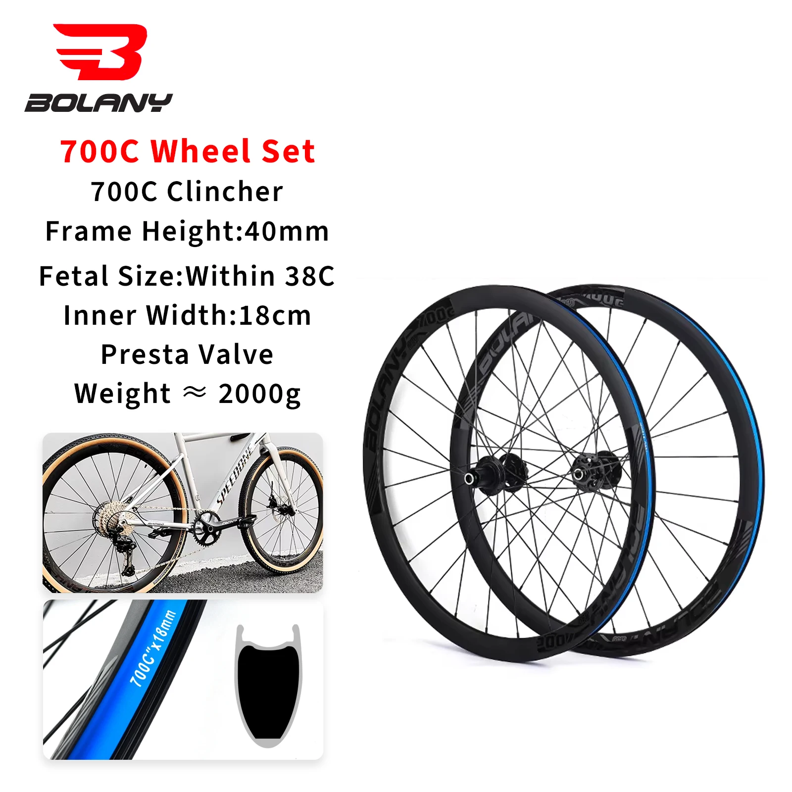 Bolany 700C Road Wheelset Clincher Height 40mm Bike Wheels Disc Brake Road Thru-Axle Wheelset Inner Width 700x23-38C Tyre HG