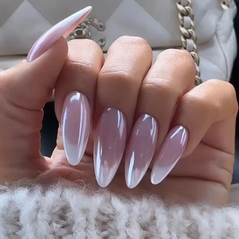 

24Pcs/Set Almond Shape Round Head Removable Wearing False Nails Full Coverage Adhesive Press on Nail Simple French Fake Nail Art