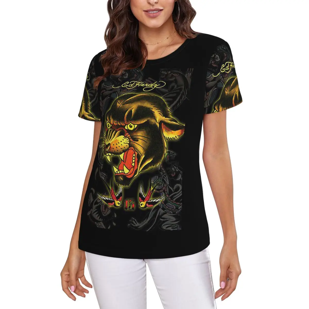 Ed-hardy Tattoo Tiger Skull T-Shirt Women Short Sleeve T Shirts Round Neck Clothes Cotton Summer Tees Streetwear