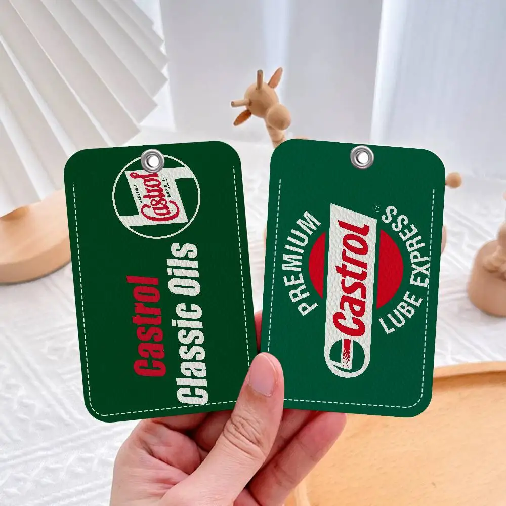 C-Castrol Logo 1Pc PU Leather Card Holder Keychain Key Ring Door Lock Access Tags ID Card Case Keychain Card