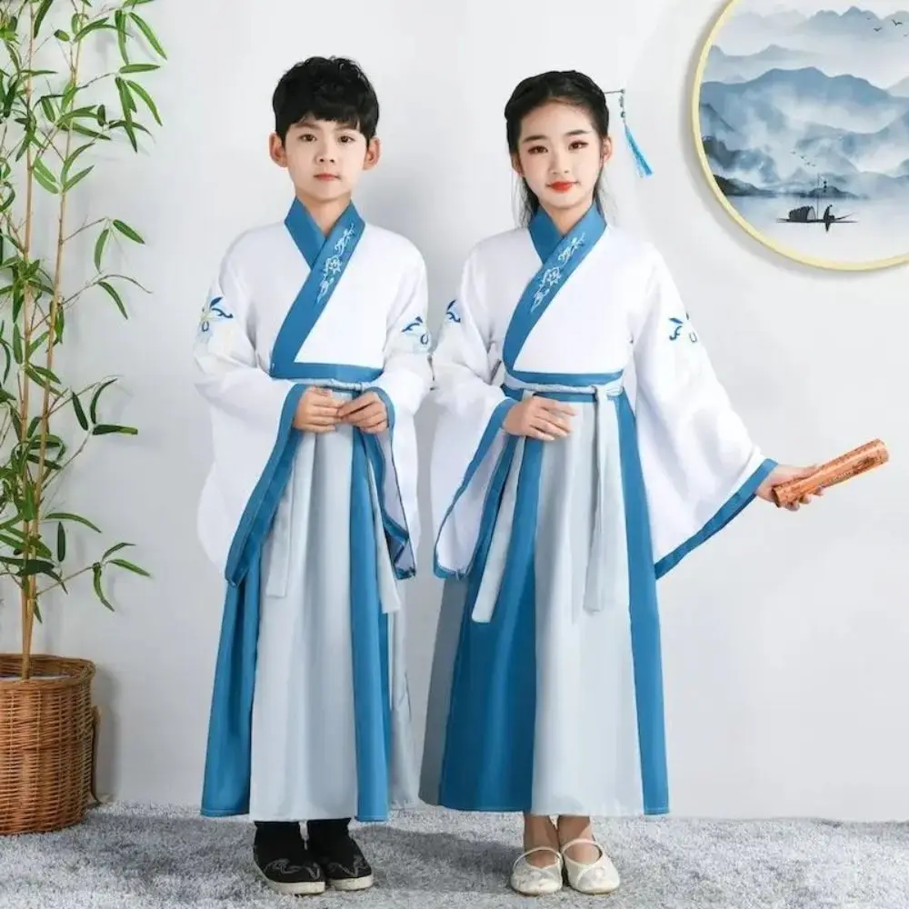 Knight-Errant Style Kids Boys' Hanfu Chinese Style Embroidery Traditional Kimono China Hanfu Blue Chinese Kimono Costume Kids