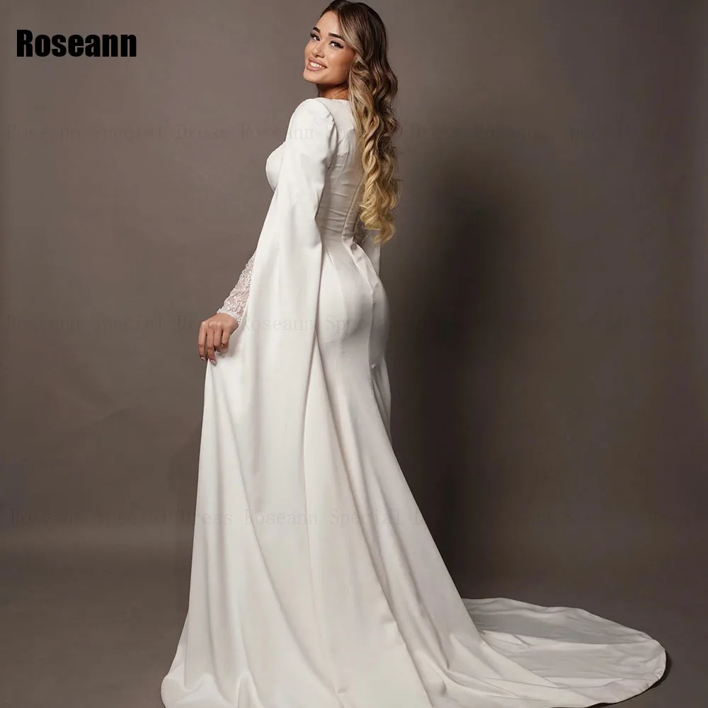 Muslim 2024 Simple O-Neck Ivory Mermaid Wedding Dresses Applique Lace Full Brush Train Floor Length Bride Dress robe de mariée