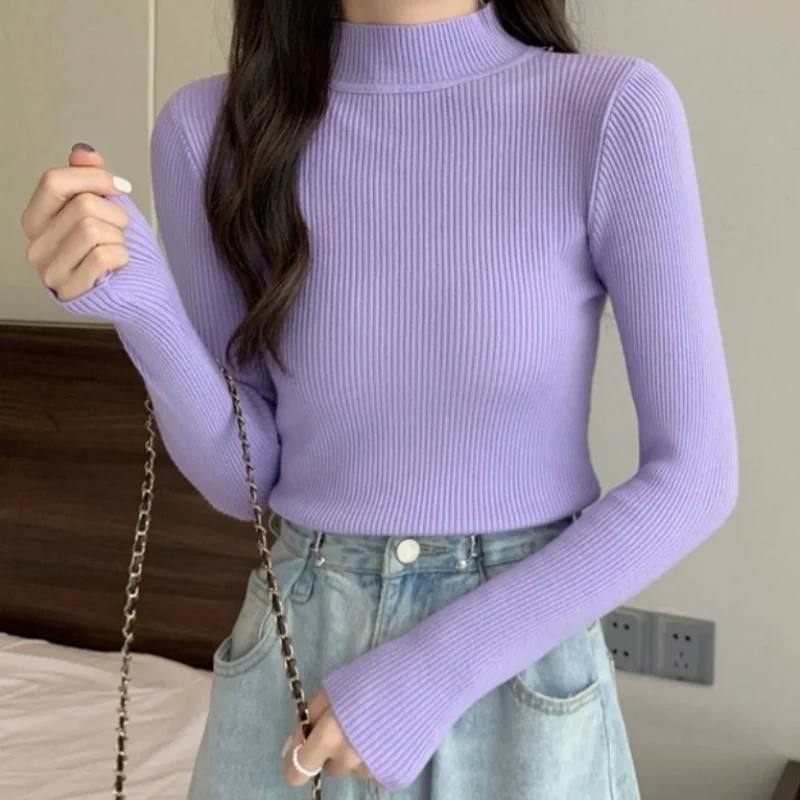 

Осенний женский тонкий свитер с воротником-стойкой, теплые вязаные пуловеры с длинными рукавами, зимние однотонные женские повседневные утолщенные свитера