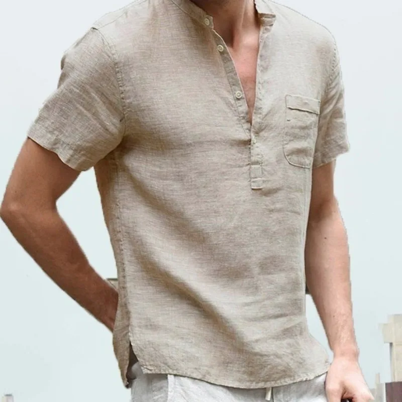 

2024 New Men's Autumn and Summer Cotton and Linen Short-sleeved Tshirt Casual Button-down Half-cardigan Simple Hot-selling Shirt
