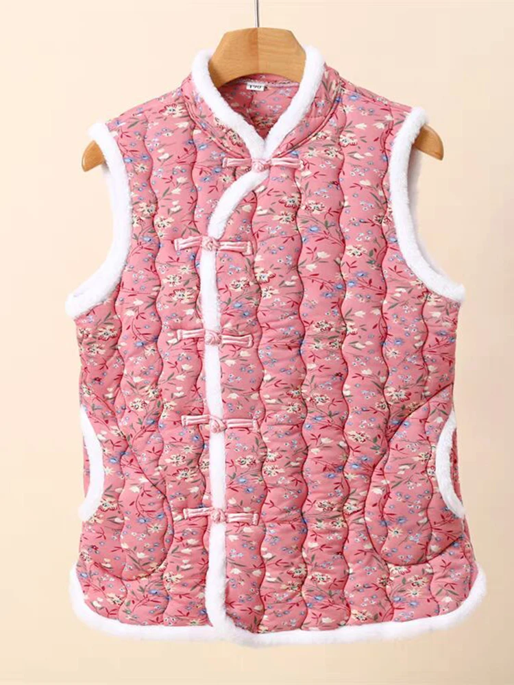 Thiened 冬用暖かいベスト レディース アウター 大きな花の刺繍ボタンデザイン Vネック プラスサイズ スリム フェイクファーコート