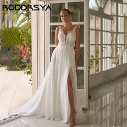 RODDRSYA-vestido De Novia De gasa para mujer, traje sin mangas, corte en A, abertura lateral, cuello en V, Apliques De encaje con cuentas, espalda descubiertaVestido de novia de chifón femenino roddrsya sin mangas chal