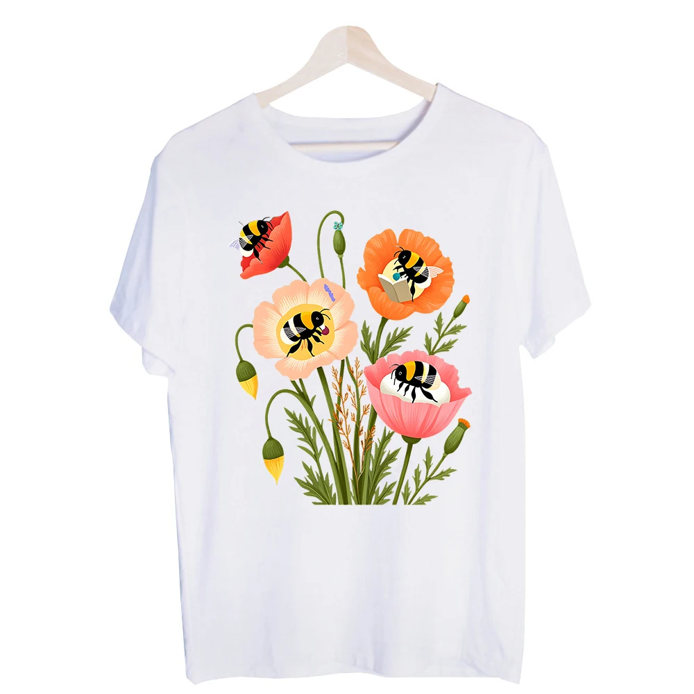 Women's Bee and Poppy Flower Graphic Tee, Short Sleeve Crew Neck T-Shirt for Spring Casual Outfits and Garden Parties