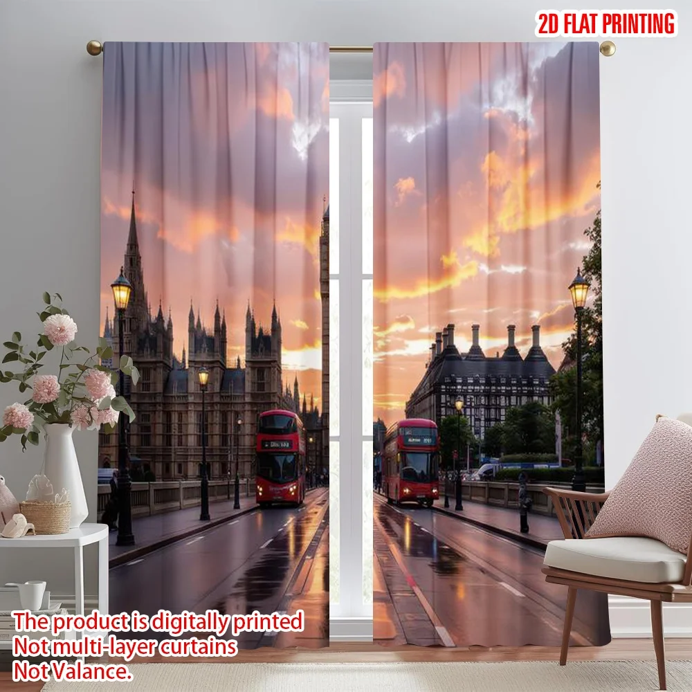 

2D flat printing 2pcs Window Drapes London Sunset Over Bridge Digital Printed Polyester Drapes Festive Curtains Use for Parties