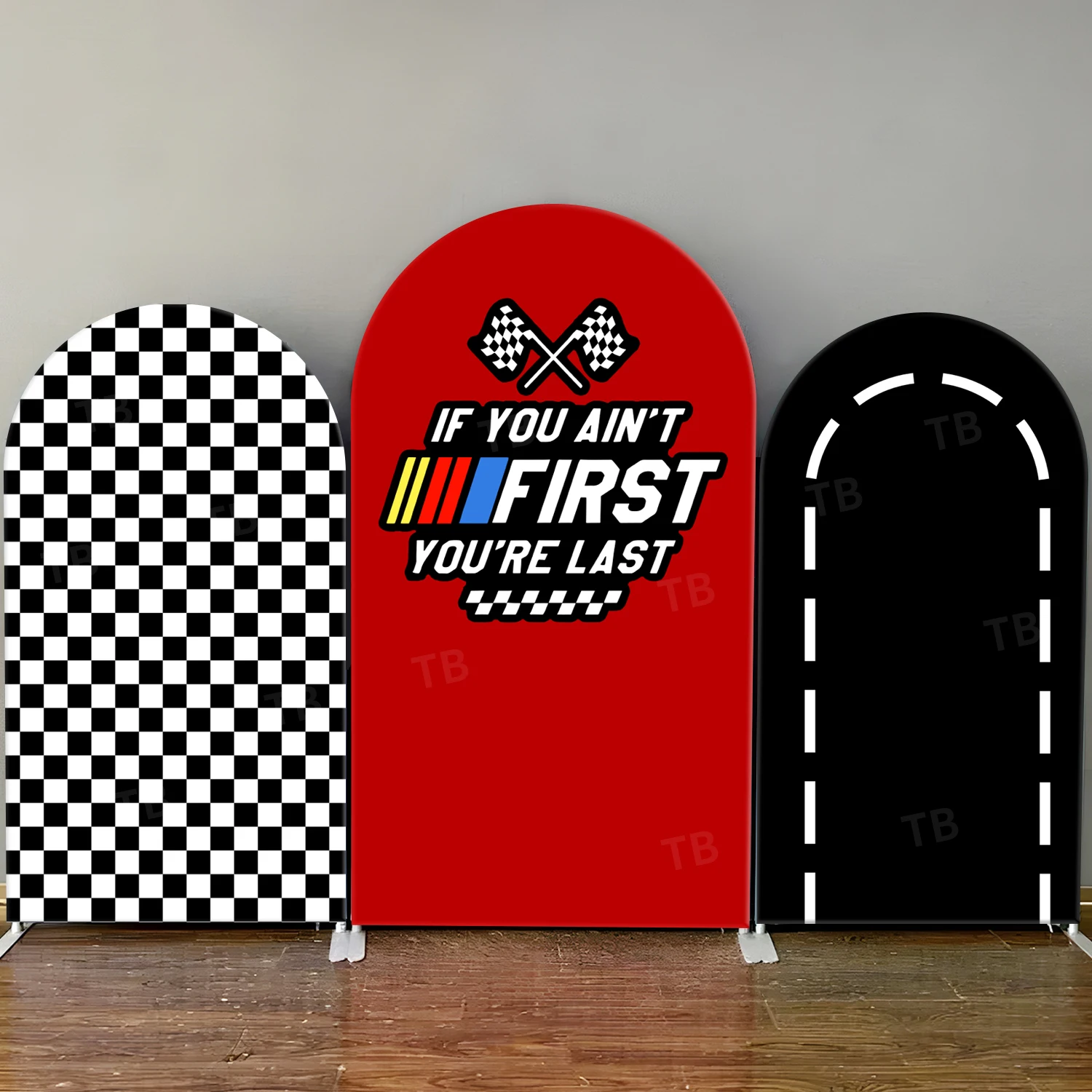 

TB Race Car Theme Arch Backdrop Cover Track Flag for Boys Birthday Party Decor Baby Shower Photo Background Wall Elastic Fabric