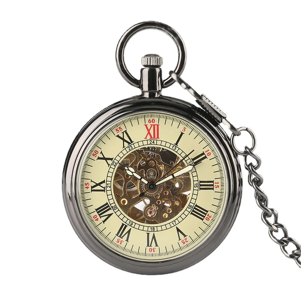 

Vintage Fashion Manual Mechanical Pocket Watch Glossy Mesh Pattern Mechanical Large Pocket Watch