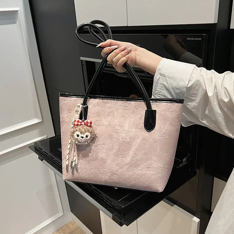 

Sweet Cute Cartoon Print Tote Bag Women Solid Color Leather Large Capacity Shoulder Bags Ladies Gentle Commuter Casual Handbag