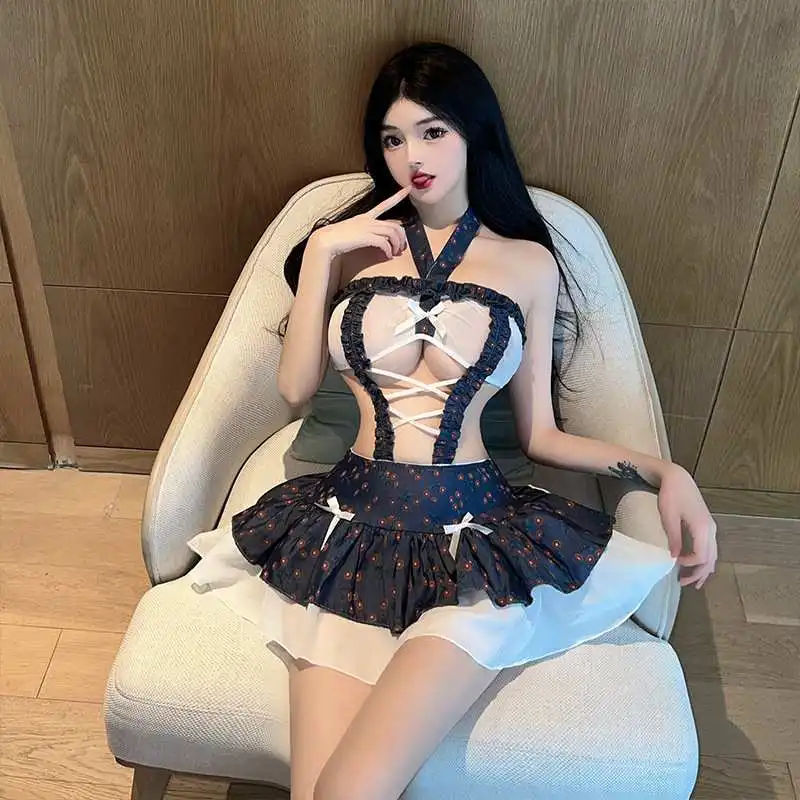 ใหม่ผู้หญิงเซ็กซี่ Hollow Out ดูผ่าน Roleplay ชุดชั้นในแม่บ้านชุด Naugty Theme Party คอสเพลย์ Halter เครื่องแต่งกาย Fliter ชุดนอน