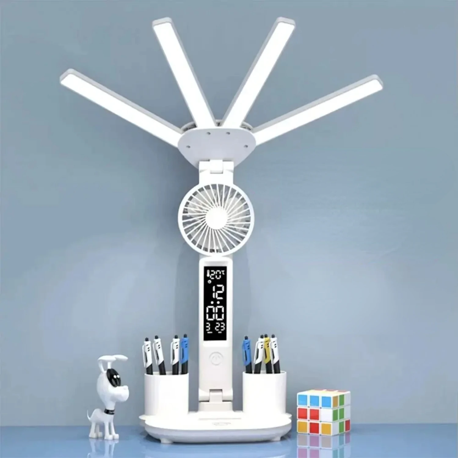 Multifunction 3 Color  Table Lamp Four Headed Folding With Fan Clock Desk Lamp USB Charging Reading Night Light