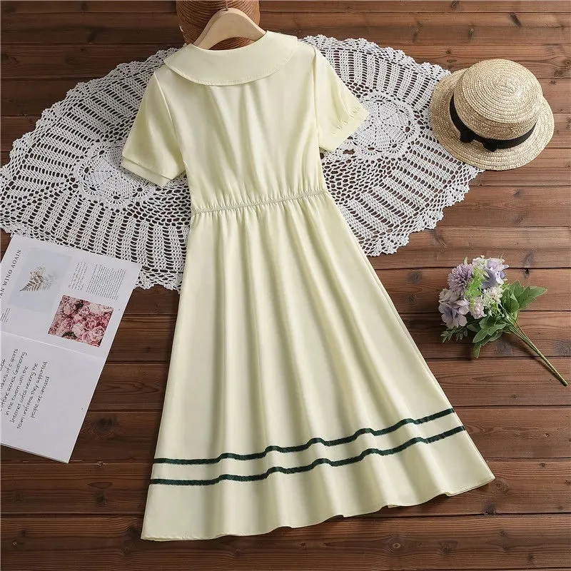 2024 summer peter pan collar Kids Girls A-LINE short sleeve Princess Teenager bow striped Dresses Clothing 4 7 8 9 10 12 14 Year
