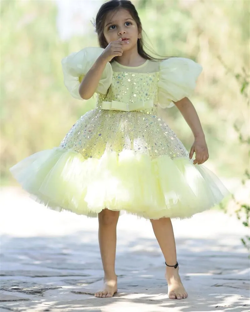 

Child Girl Wedding Dress Kid Birthday Party Dresses Sequined Tiered Tulle Sleeves Puffy Flower Girl Dresses For Weddings