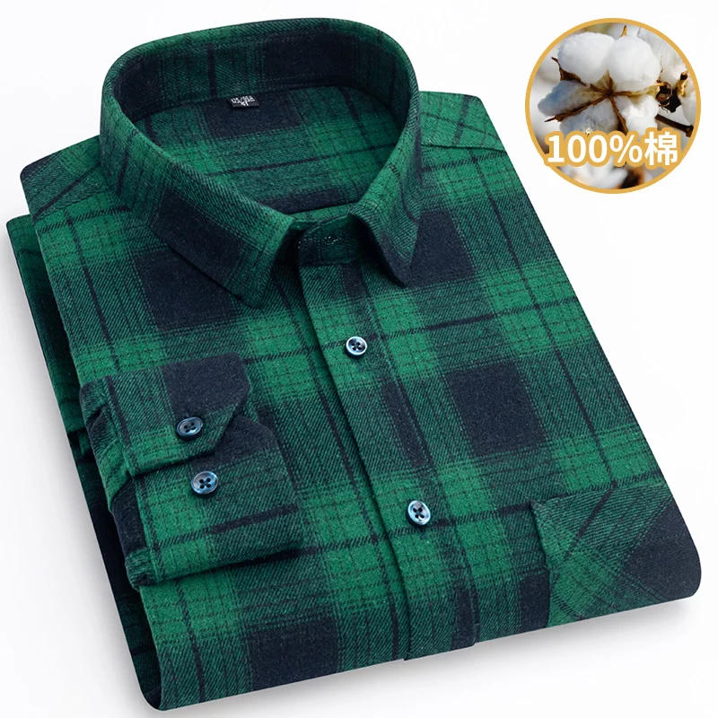 2026 Men's Green Checkered Cotton Shirt Top Fashion Casual Shirt for Men, Trendy Plaid Button-Up Tee, Asian Sizes M-6XL