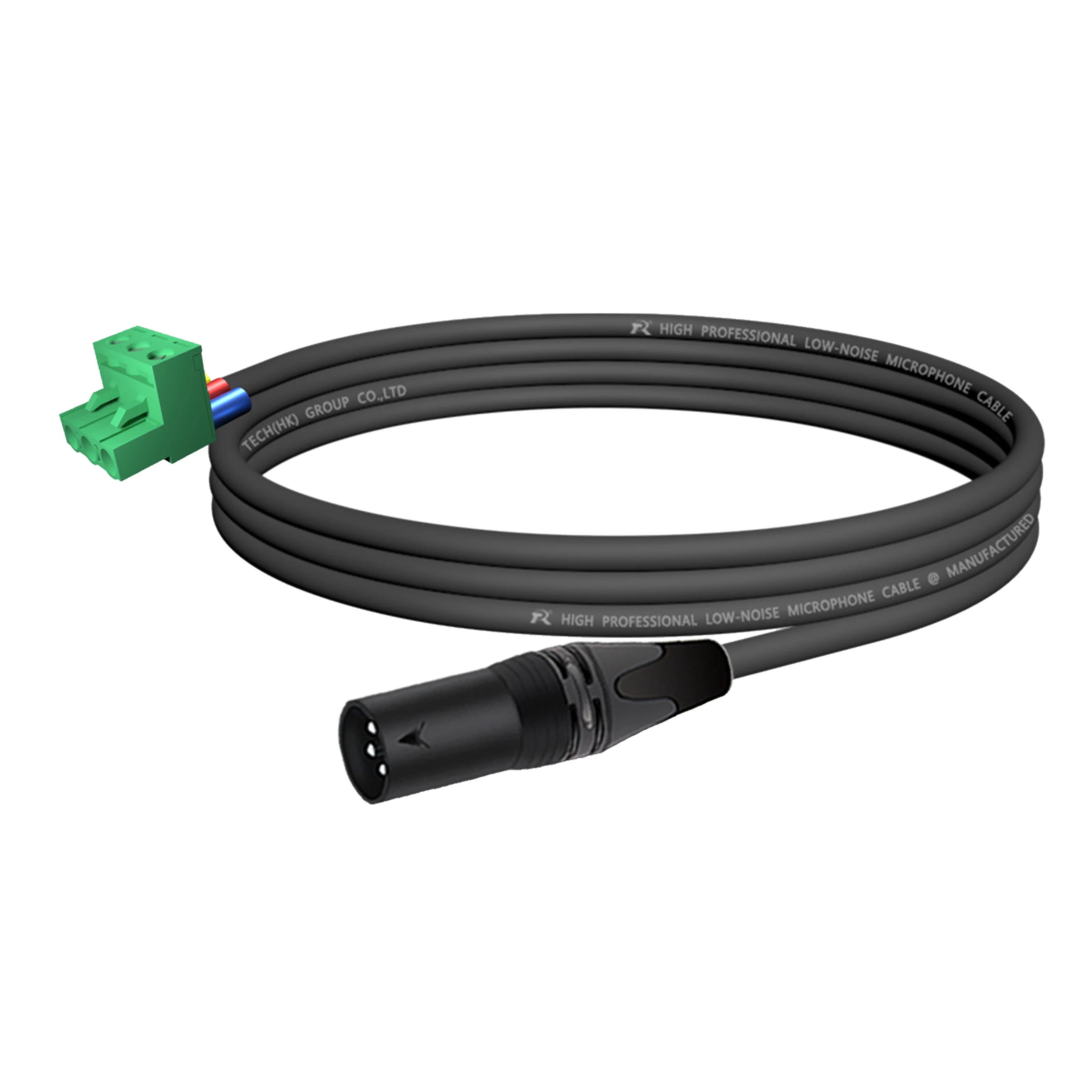 XLR mit schwarzem Rückgehäuse, mehrfarbiger rutschfester Abdeckung, verbunden mit 5,08 mm 3-poligem Phoenix-Steckeranschluss, für Audiogeräte. – Detail 2