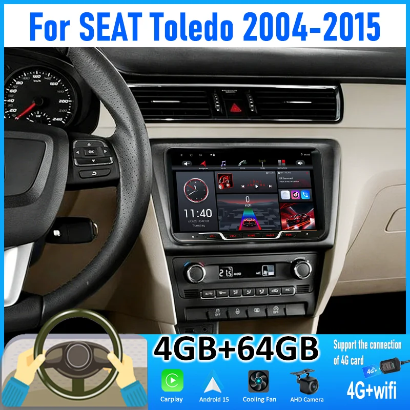 

9'' 4+64GB For SEAT Toledo 2004-2015 Car Radio Android 15 Auto Support Wireless Apple Carplay 4G+WIFI Google Map Rear Camera