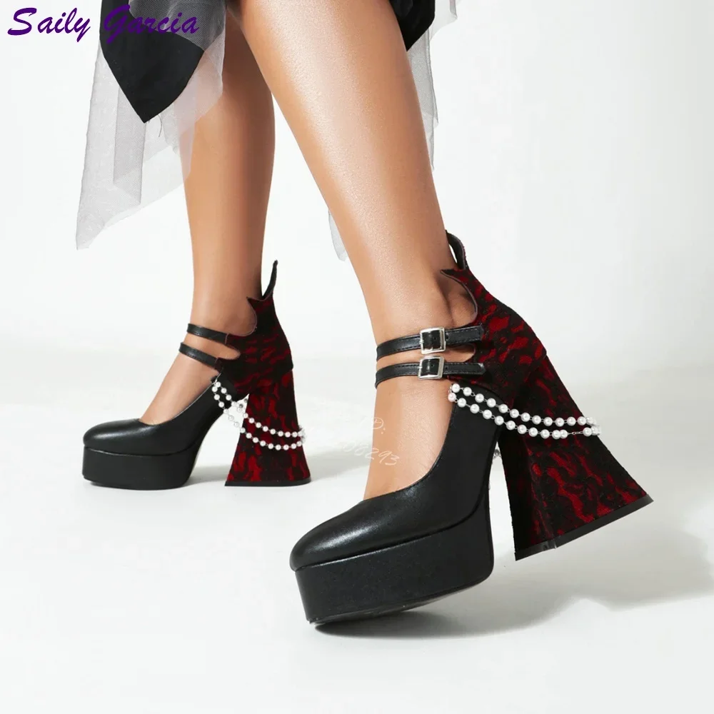 

Retro Pearl Lace Pumps Sweet Red Pointed Toe Buckle Straps Mary Jane Square Heel 2025 Summer Women Spring New High Heels Shoes
