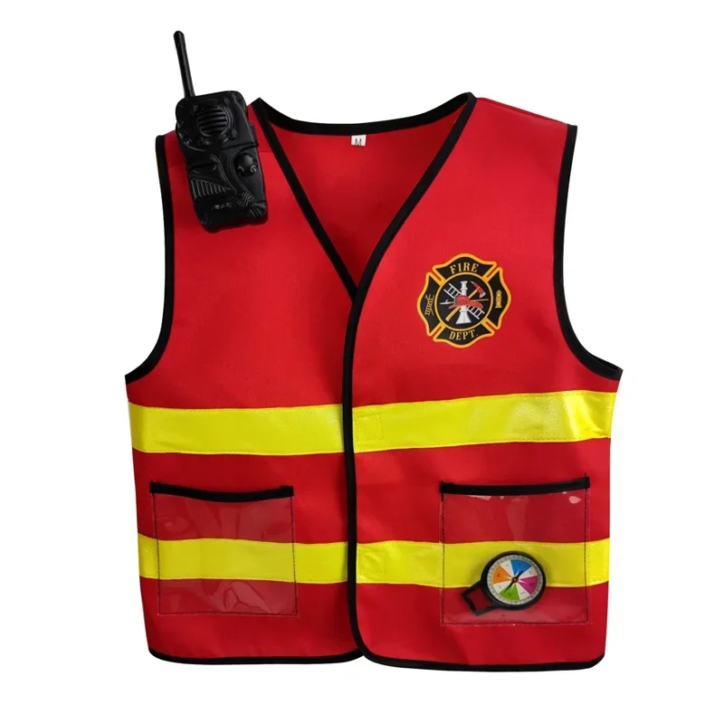 Kids Firefighter Cosplay Clothing Children Little Fireman Firemen Costume Child Halloween Carnival Party Red Hat Vest Toys