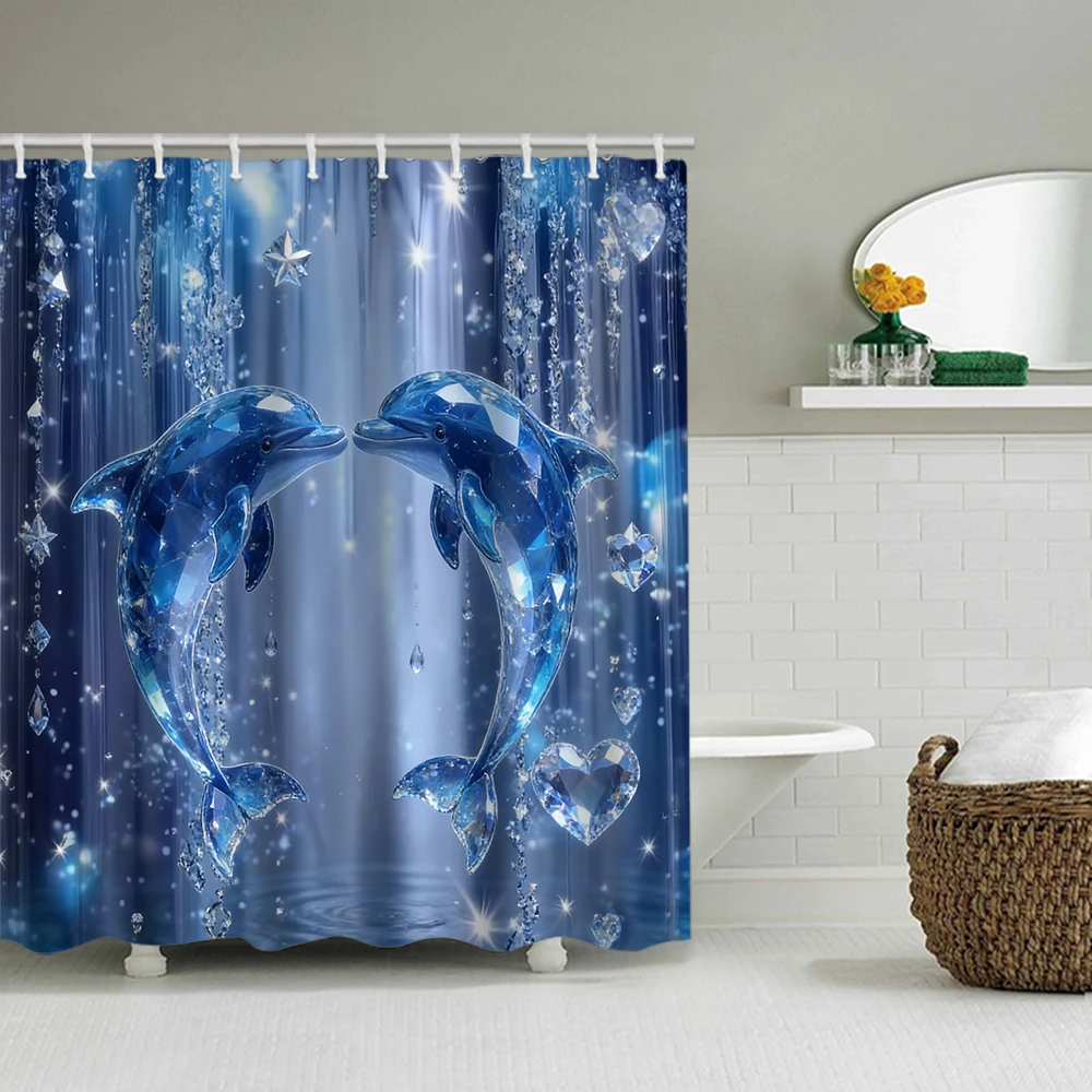 4/1 Crystal Dolphin Shower Curtain Set, Toilet Seat Decoration, Shower Curtain with Carpet and Toilet Lid, Size 70.8x70.8 Inches