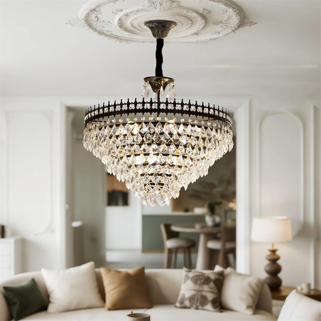 Matt Black Iron American Round Crystal Ceiling Chandelier E14 LED Corn Light Pendant Lamp for Dining Room Hanging Light Fixtures