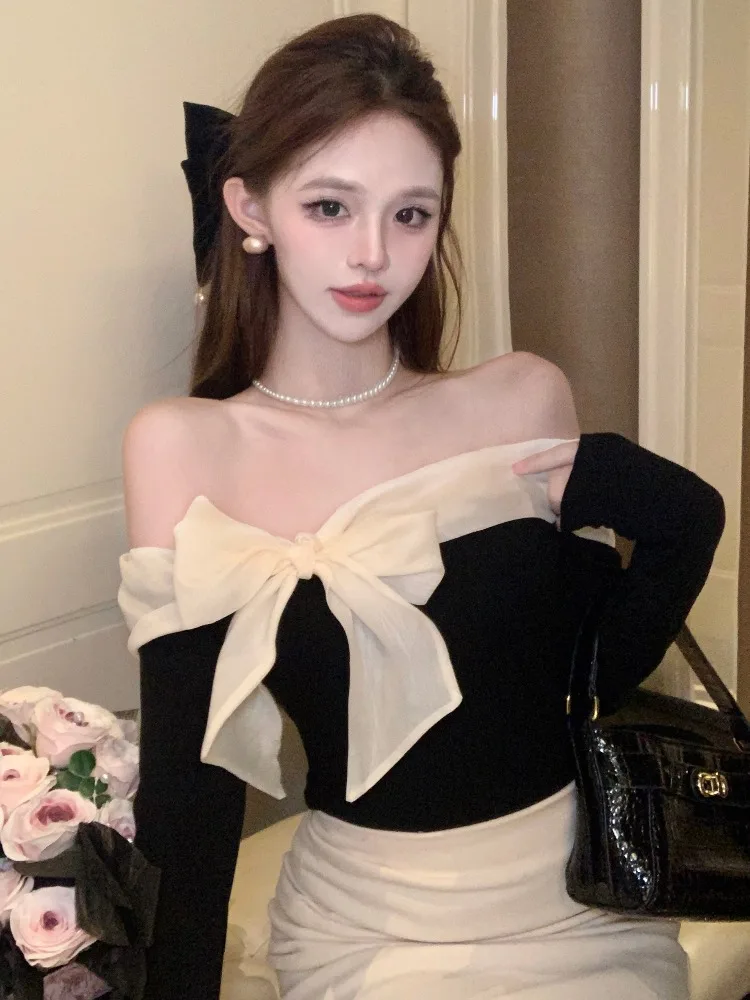 

Pure Desire Knot Shoulder Bared Knitted Top Long Sleeve One Shoulder Unique Slim Fit Autumn Initial Hot Girl Top fo...