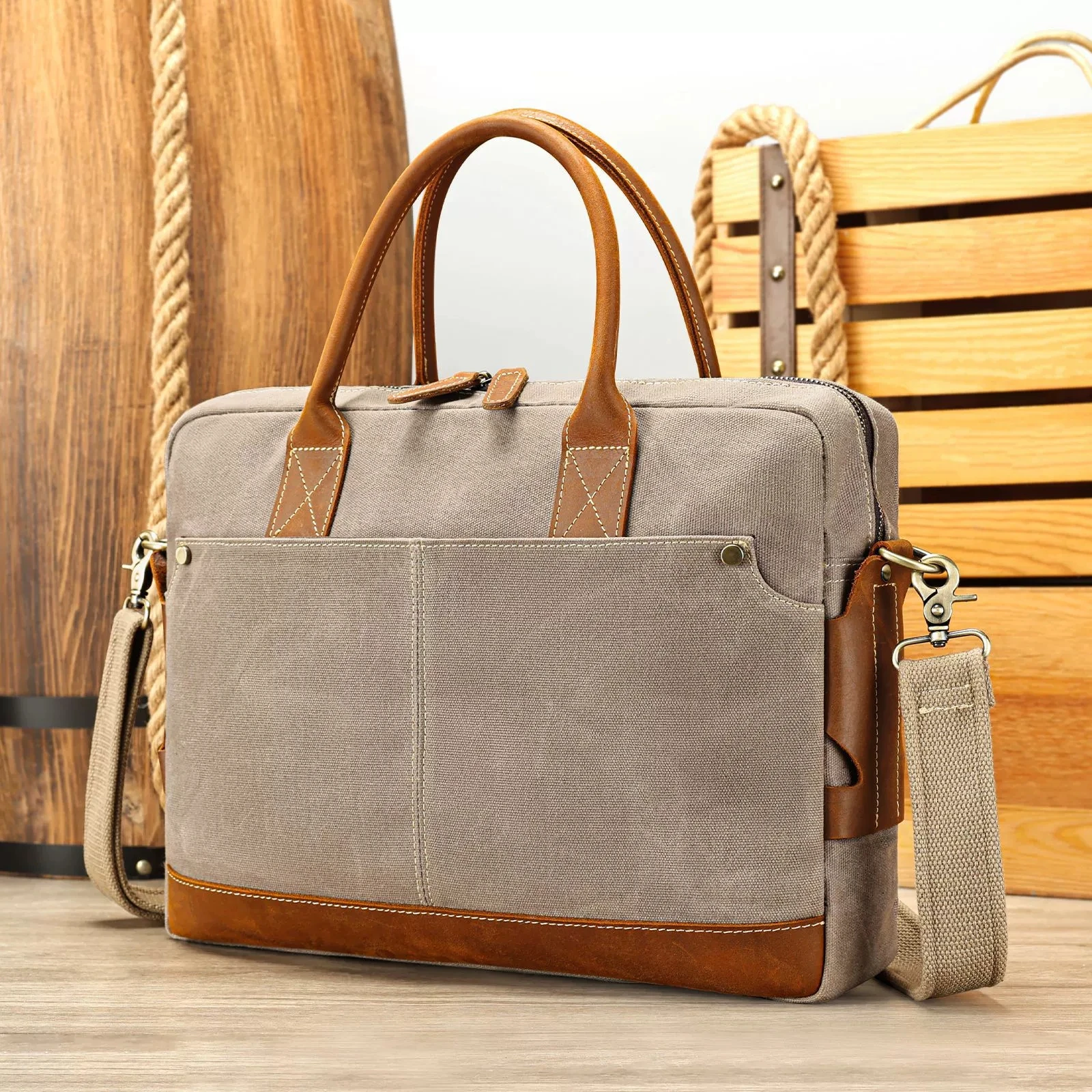 CFUN YA Luxury Design Men's Business Handbag Real Leather Canvas Male Shoulder Crossoby Bag Tote Pack Messenger 15