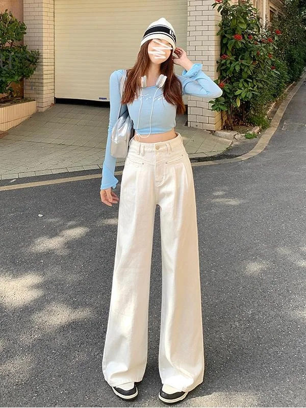 

White High Waist Wide Leg Denim Jeans Women's New Folded Design Loose plus Size Slimming Drapey Floor-Length Pants