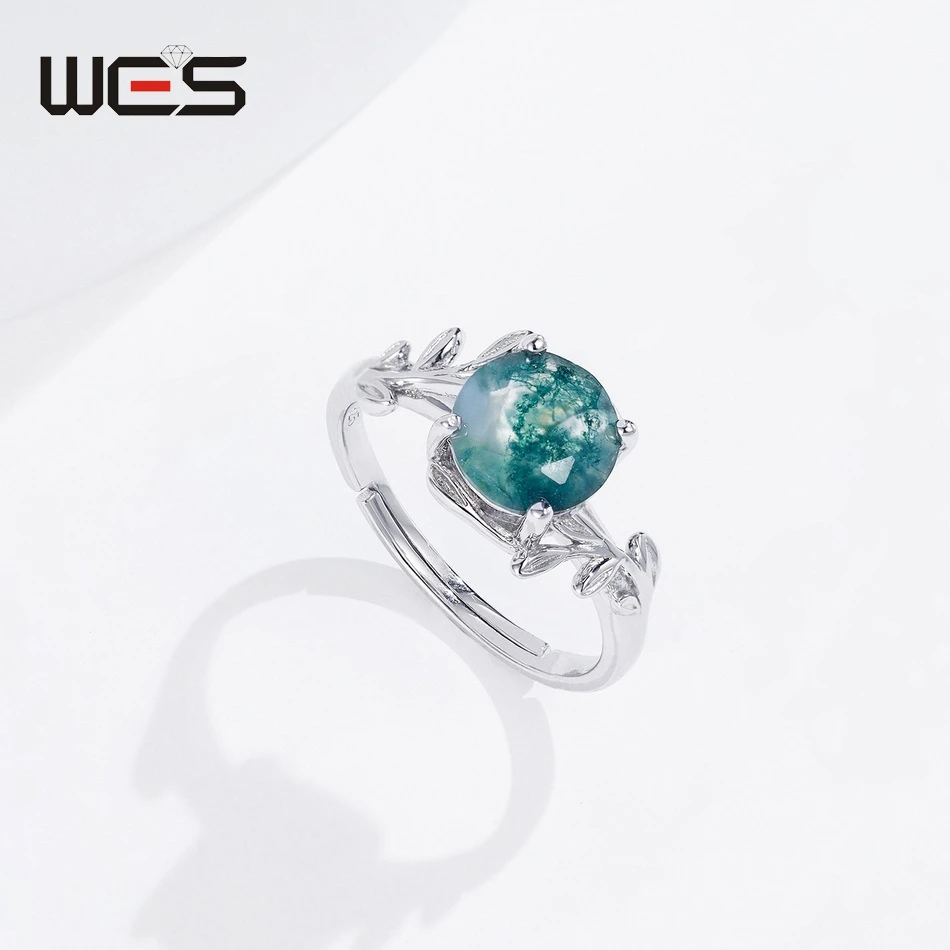 WES 925 Silver Natural Adjustable Olive Branch Moss Agate Promise Ring For Woman Unique Gem Wedding Jewelry Gift Box Wholesale