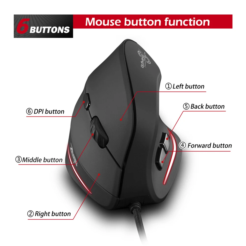 ZELOTES T20 USB Wired Vertical Optical 4 Gears 3200 DPI 6 Buttons Gaming Mouse Laptop Computer Ergonomic Mice Silent view 5