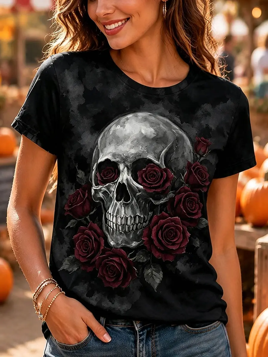 Women's Spring Summer 3D Printed Crew Neck T Shirt, Dark Green Nebula Lily Of The Valley Skull Dark Forest Unique Top