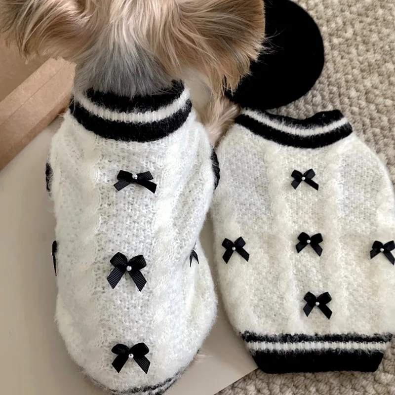

Bow Pet Sweater Knit Dog Clothes Teddy Winter Warm Pullover Cute Bichon Sweater Small Dog Maltese Two-Legged Clothes