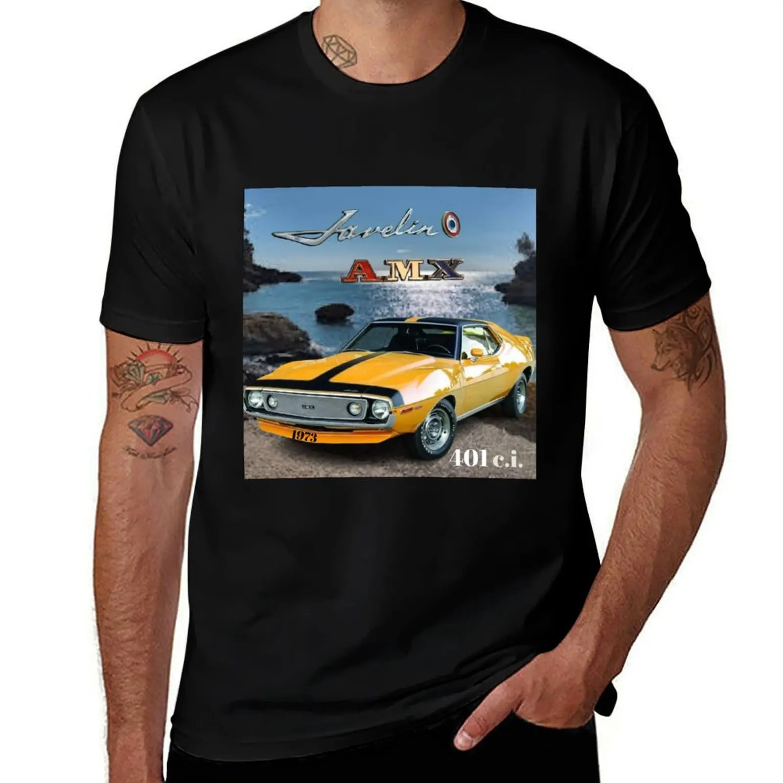 

Rev Up Your Walls: Vintage 1973 AMC Javelin AMX Art T-Shirt custom shirt T-shirts for men cotton