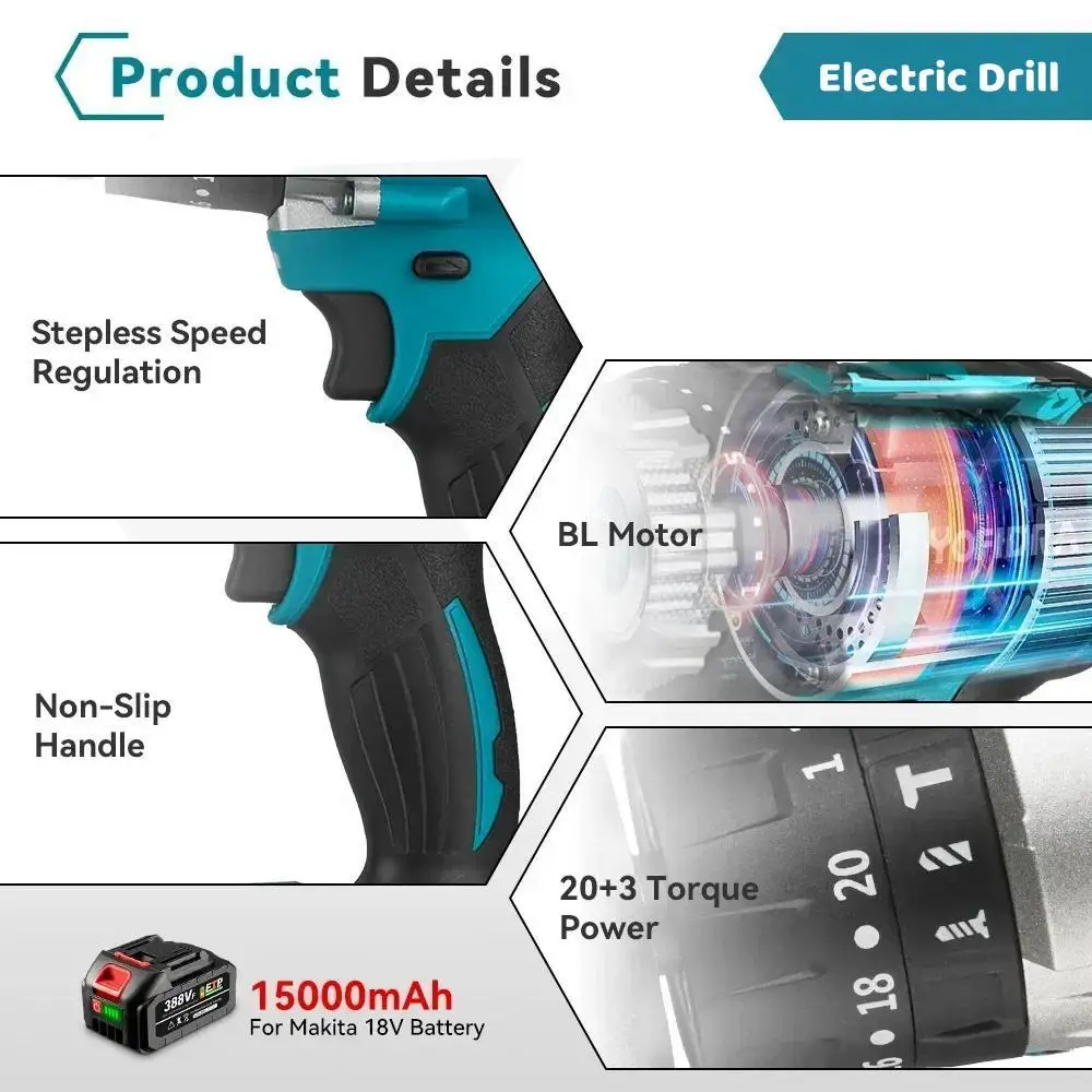 Imagem -04 - Chave de Fenda Elétrica sem Fio Furadeira de Torque Chave de Fenda Bateria Makita 18v Compatível 13 mm 20 Mais 480n.m