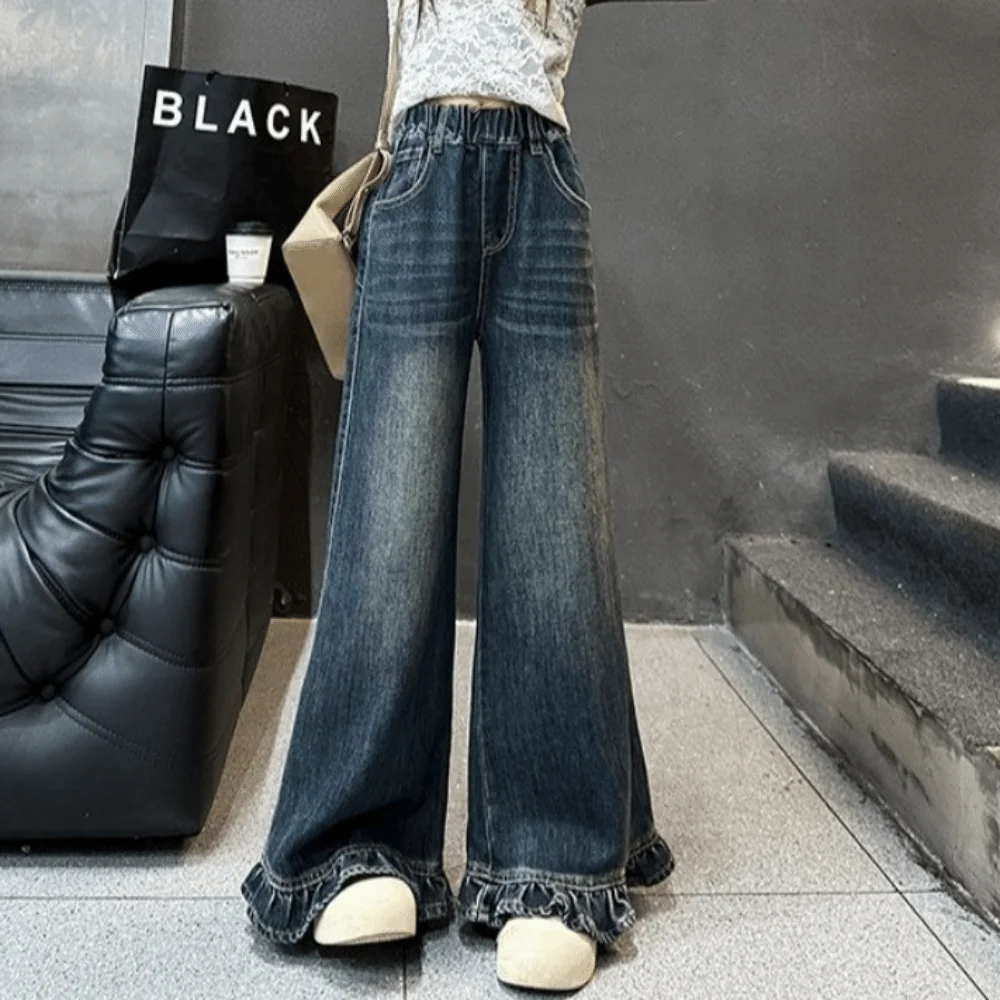 بنطال ذو قصة أرجل واسعة جينز للفتيات المراهقات طويل فضفاض مستقيم للأطفال جينز مكشكش عالي الخصر ملابس خروج للفتيات سراويل جينز #4