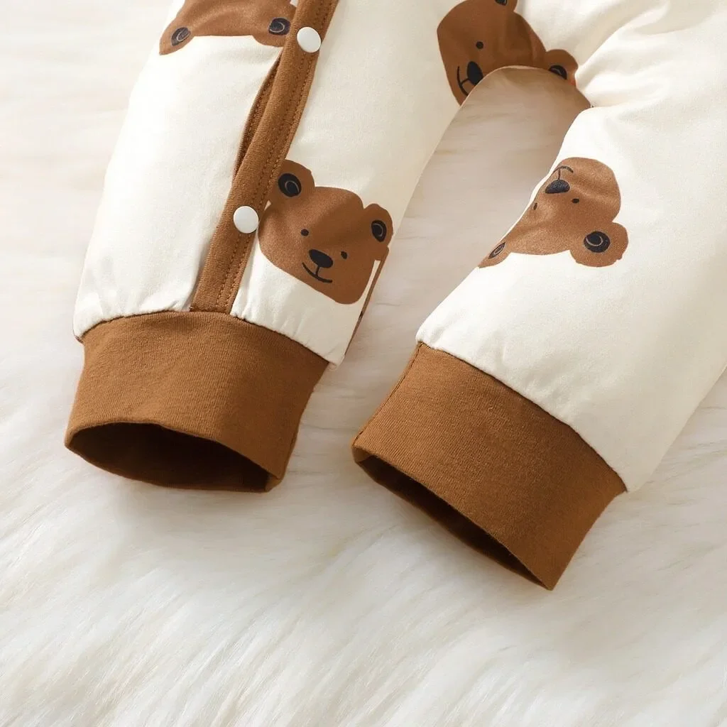 2 قطعة ارتداءها الخريف الوليد بيبي بوي بأكمام طويلة الدب طباعة رومبير قبعة لطيف الرضع الصبي ارتداء اليومي للأطفال الصغار 1-18 أشهر